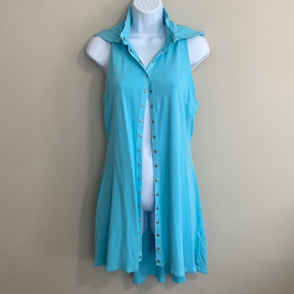 Bathing Suit Coverup Blue 100% Cotton Sleeveless and Hooded Women’s Small
